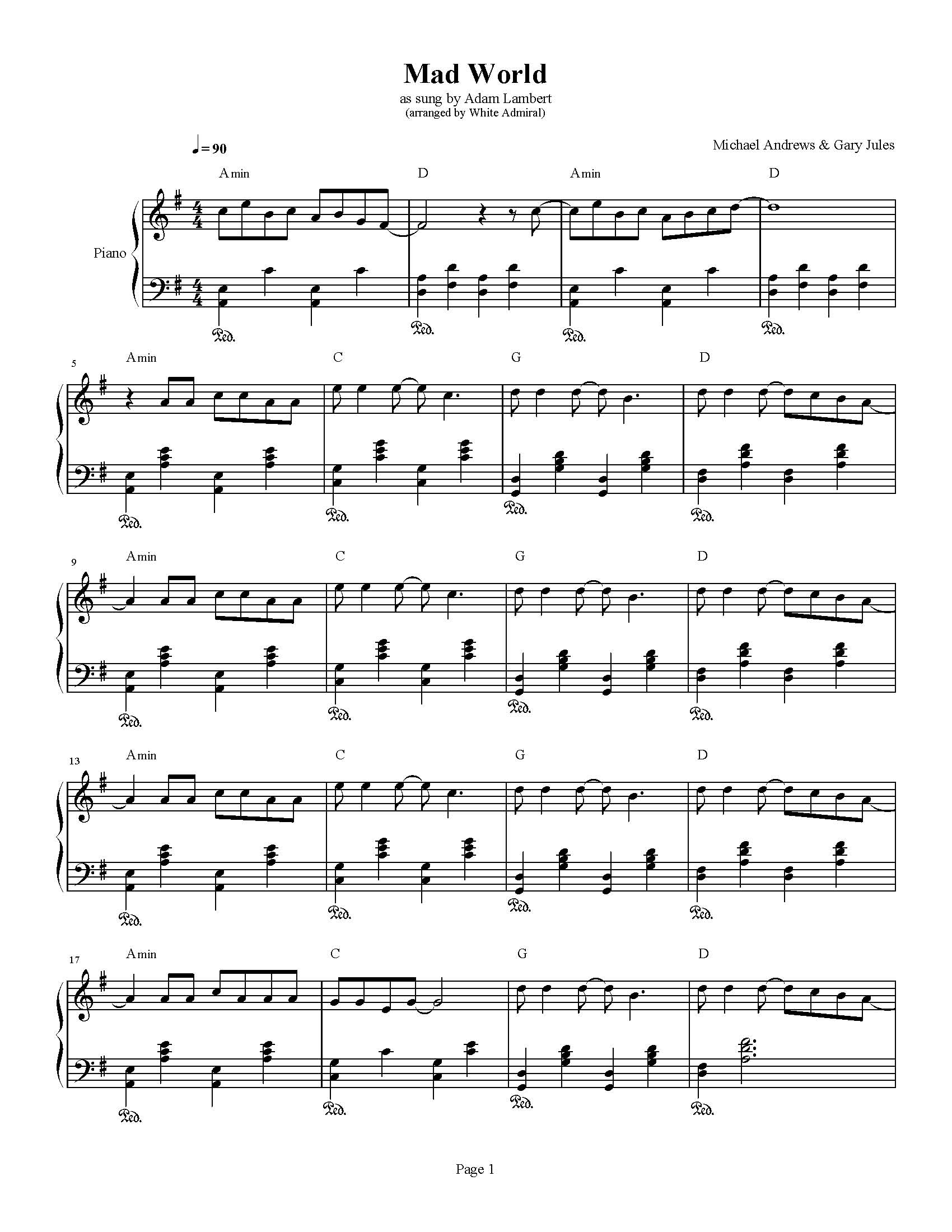 Mad World Sheet Music | Gary Jules | Piano Chords/Lyrics